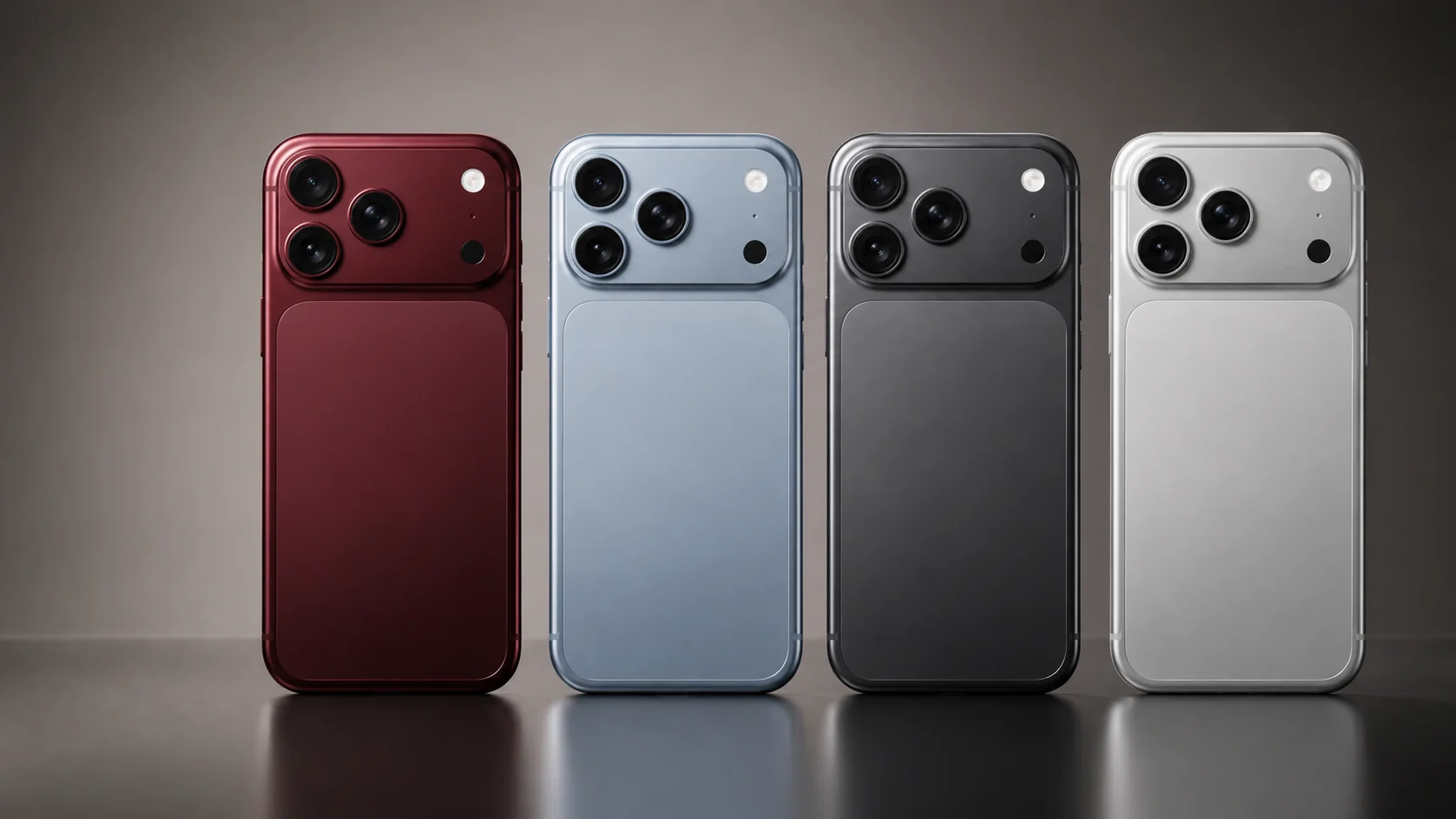 Four iPhone 18 Pro Max concept finishes shown with the same camera design